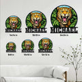 Leopard metal sign size guide showing available square size options in a home decor setting