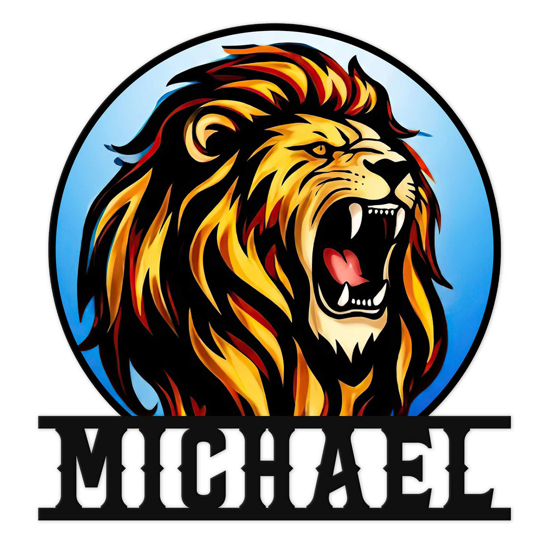Bold roaring lion metal sign with a black, gold, and orange mane on a blue circular background