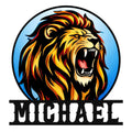 Bold roaring lion metal sign with a black, gold, and orange mane on a blue circular background