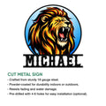 Roaring lion metal sign shown with a cut-metal feature guide and indoor or outdoor display details