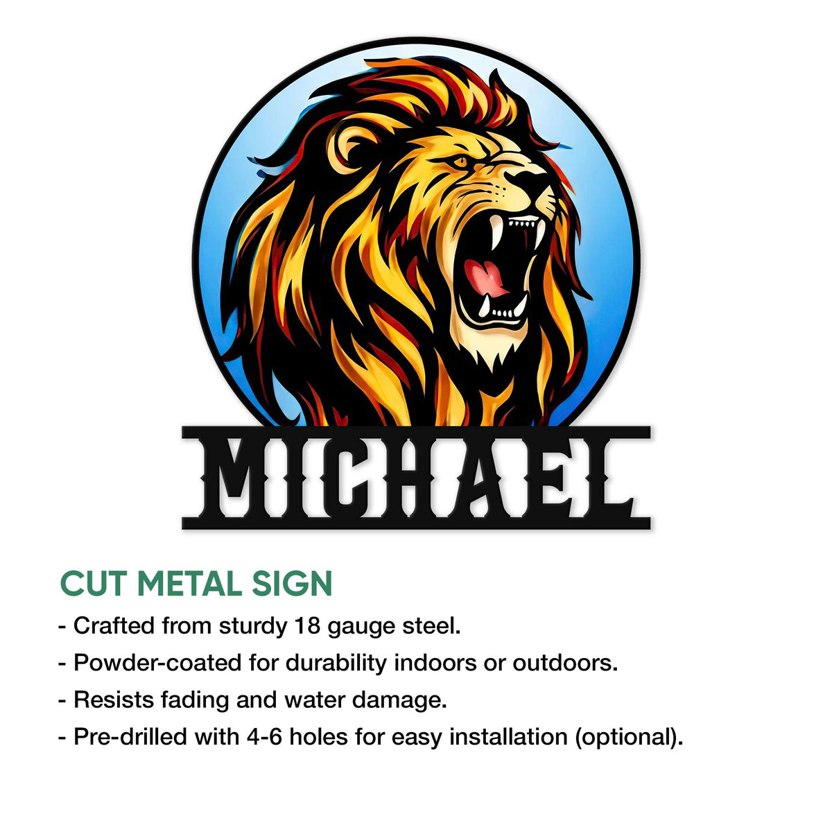 Roaring lion metal sign shown with a cut-metal feature guide and indoor or outdoor display details