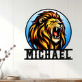 Colorful lion metal wall sign displayed on a bright paneled wall as bold wildlife decor