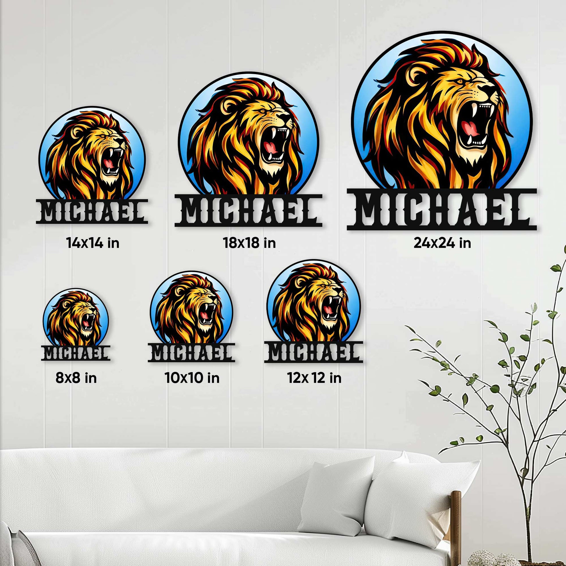 Lion metal sign size guide showing six square size options in a home wall display