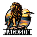 Custom lion metal sign featuring a majestic lion against a golden sunset, reflective water, and savanna scenery
