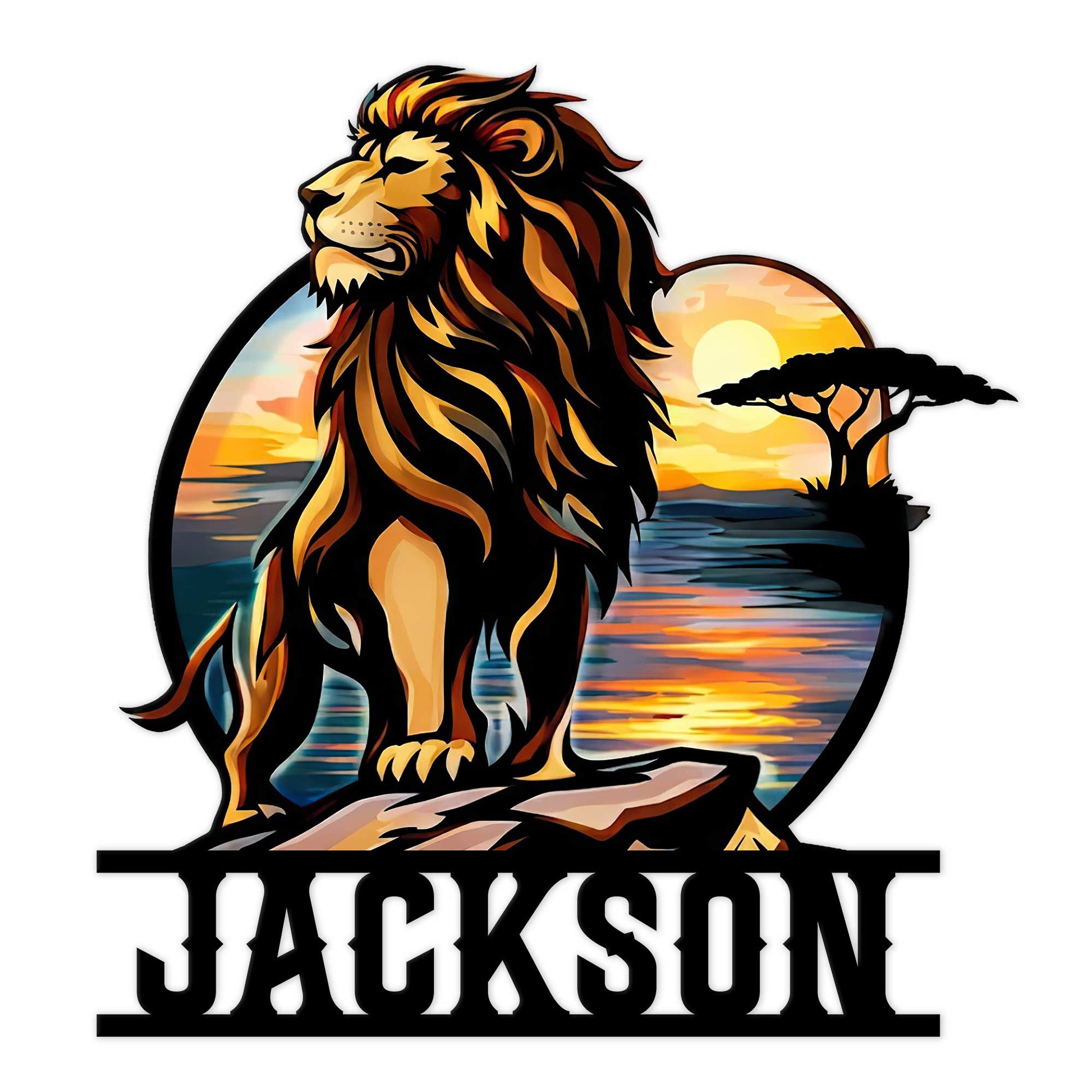 Custom lion metal sign featuring a majestic lion against a golden sunset, reflective water, and savanna scenery