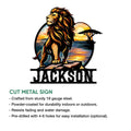 Lion wall sign shown as a cut metal design with a bold wildlife portrait and warm sunset colors