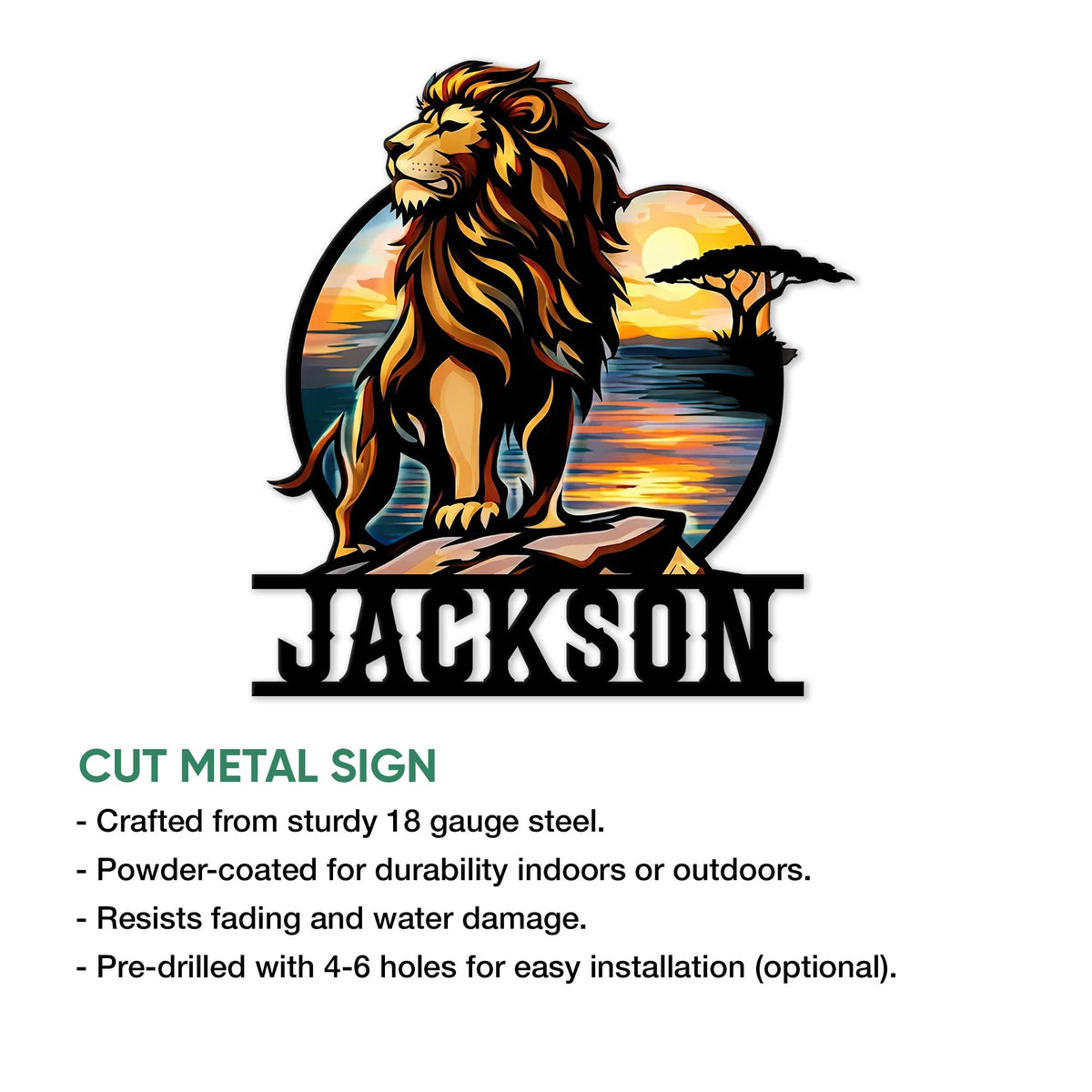 Lion wall sign shown as a cut metal design with a bold wildlife portrait and warm sunset colors