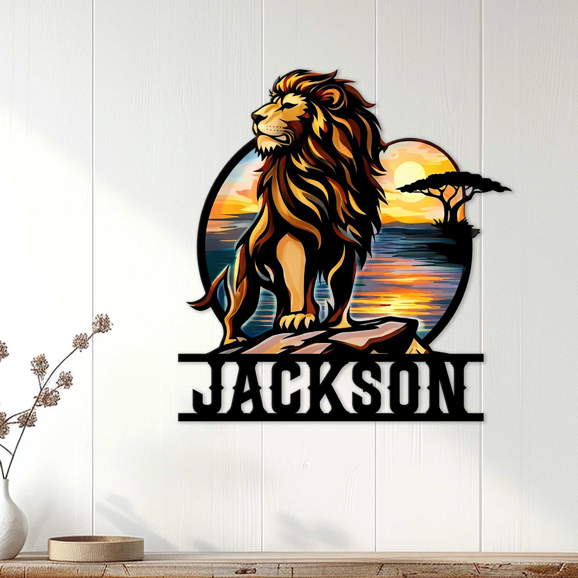 Lion metal wall decor displayed on white paneling, bringing dramatic wildlife style to a home interior
