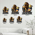 Lion metal sign size guide showing available square sizes from 8 by 8 inches to 24 by 24 inches