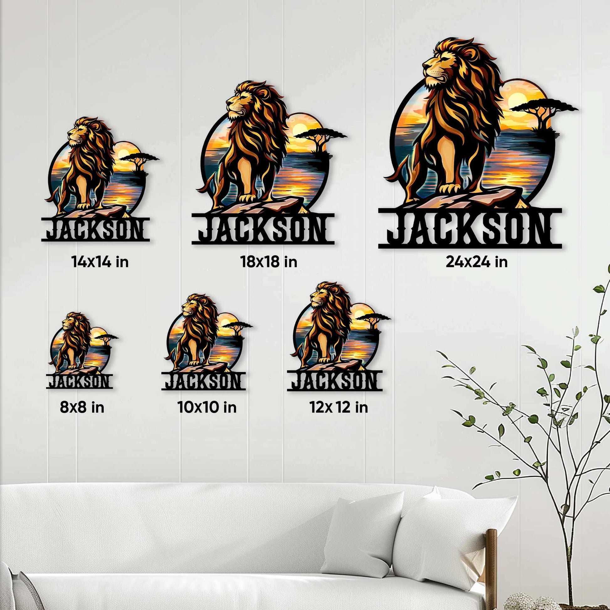 Lion metal sign size guide showing available square sizes from 8 by 8 inches to 24 by 24 inches
