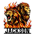 Custom lion metal sign featuring two bold roaring lions surrounded by vivid red, orange, and yellow flames