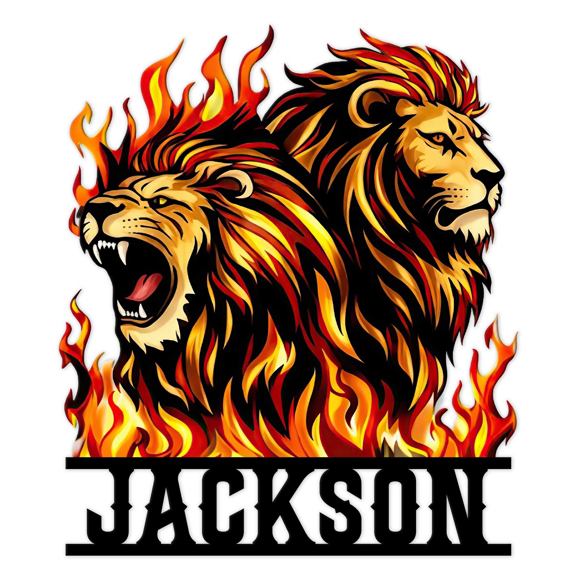 Custom lion metal sign featuring two bold roaring lions surrounded by vivid red, orange, and yellow flames