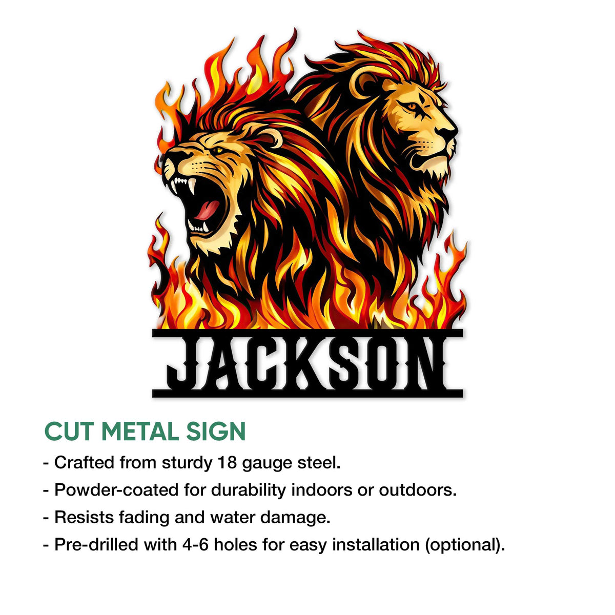 Fiery twin lion metal sign shown with a cut-metal product details infographic
