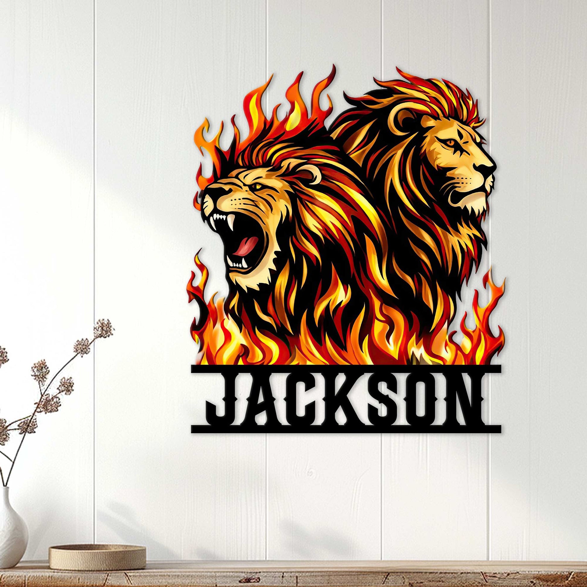 Lion metal wall sign displayed on a light wood-paneled wall in a modern home setting