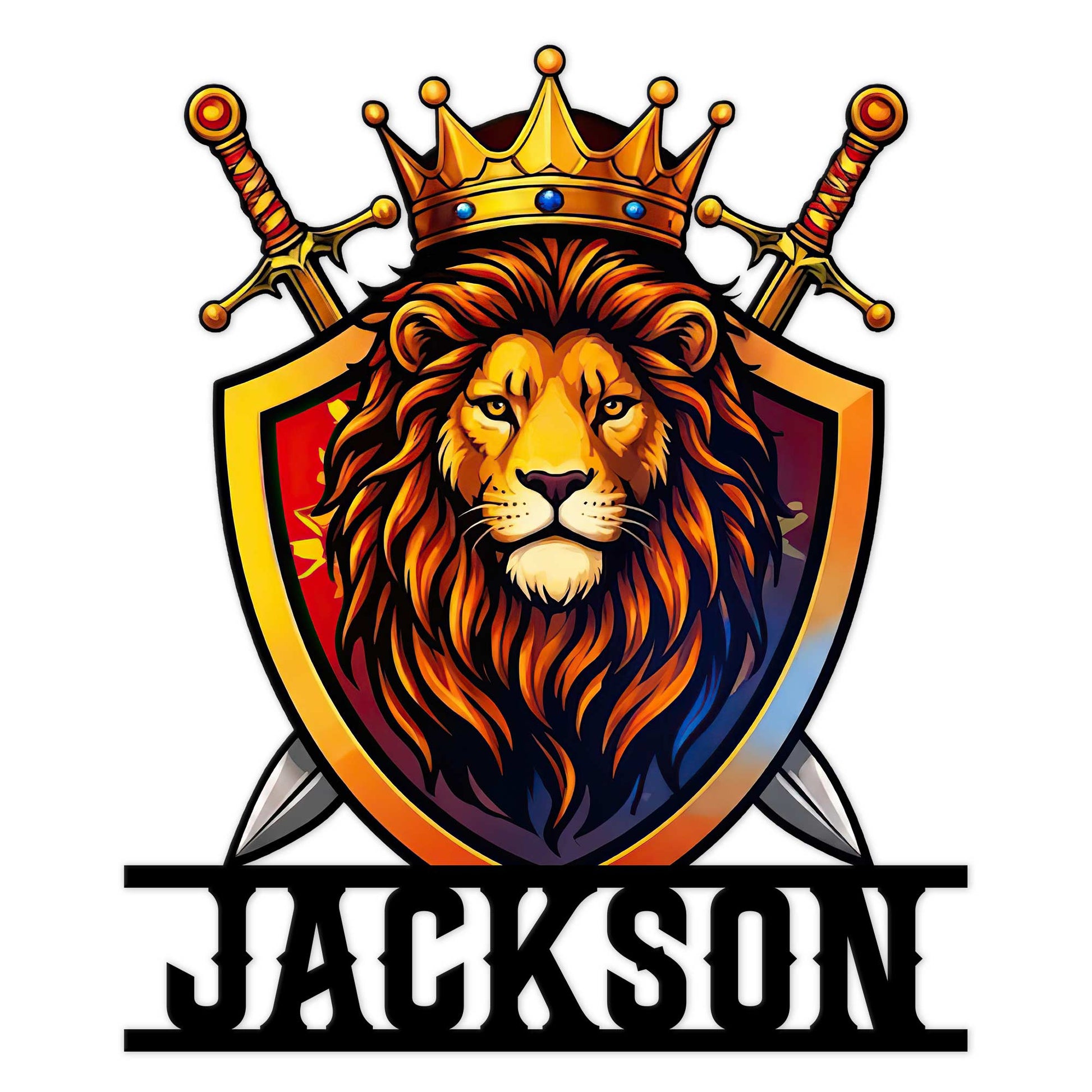 Regal lion metal sign featuring a crowned lion on a shield with crossed swords