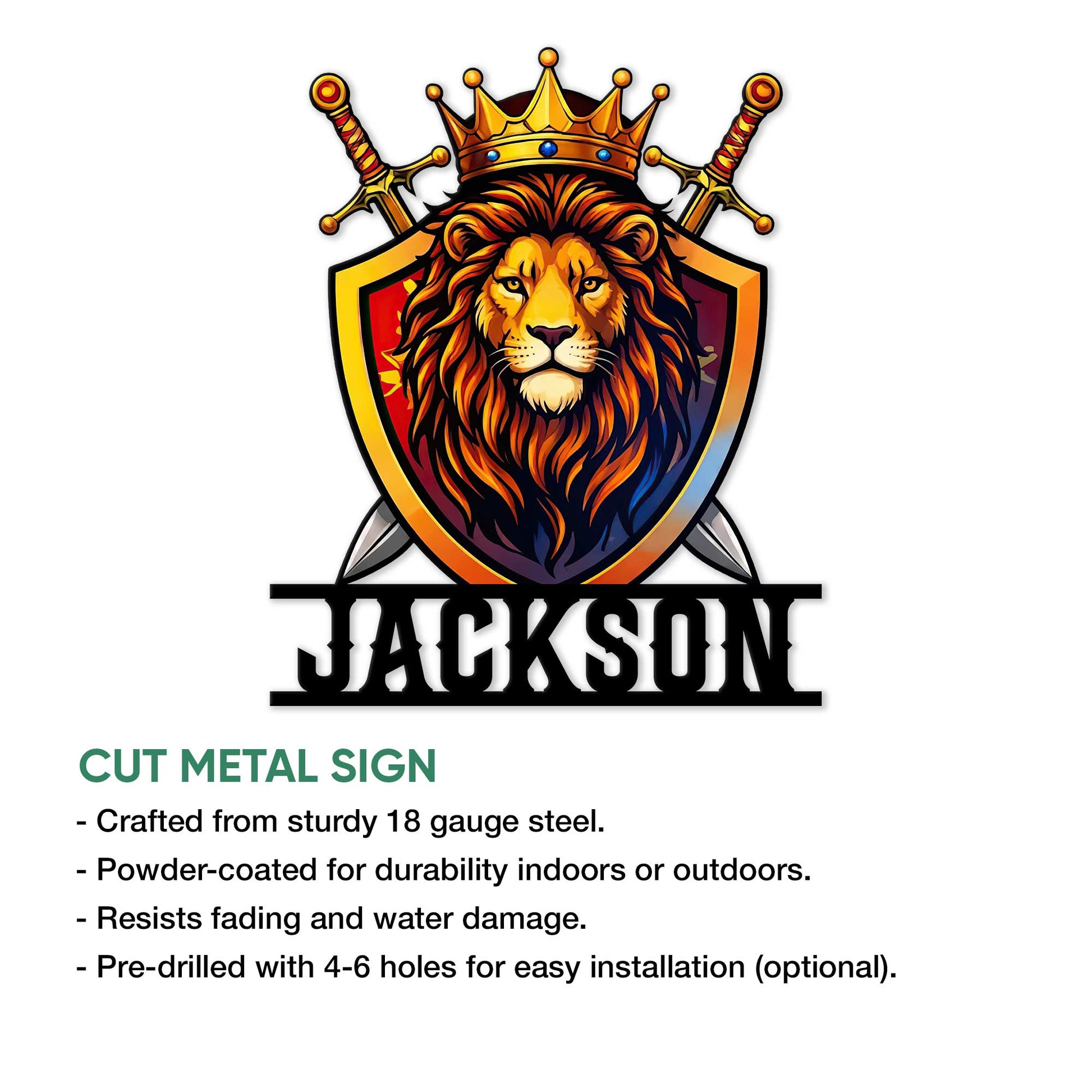Lion metal sign shown as a cut steel wall accent with a bold crowned shield design