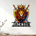 Crowned lion metal wall sign displayed against a light wood interior backdrop