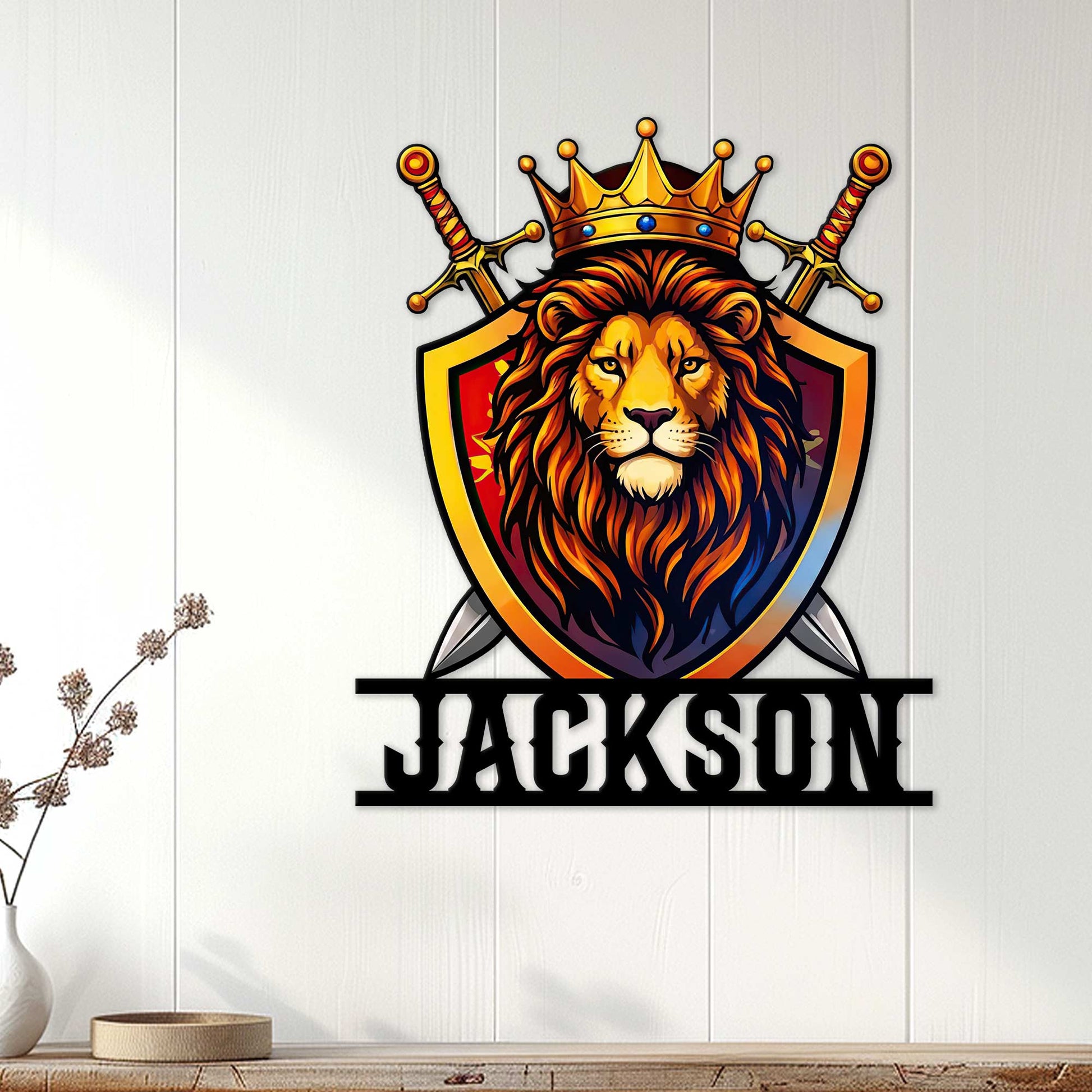 Crowned lion metal wall sign displayed against a light wood interior backdrop