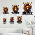 Lion metal sign size guide showing multiple scale options in a living room setting