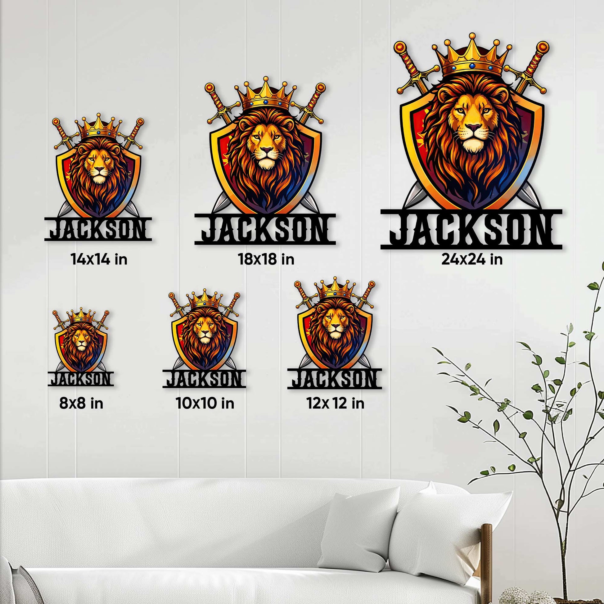 Lion metal sign size guide showing multiple scale options in a living room setting