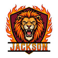 Custom lion metal sign featuring a roaring lion framed by vivid orange flames and a dark shield