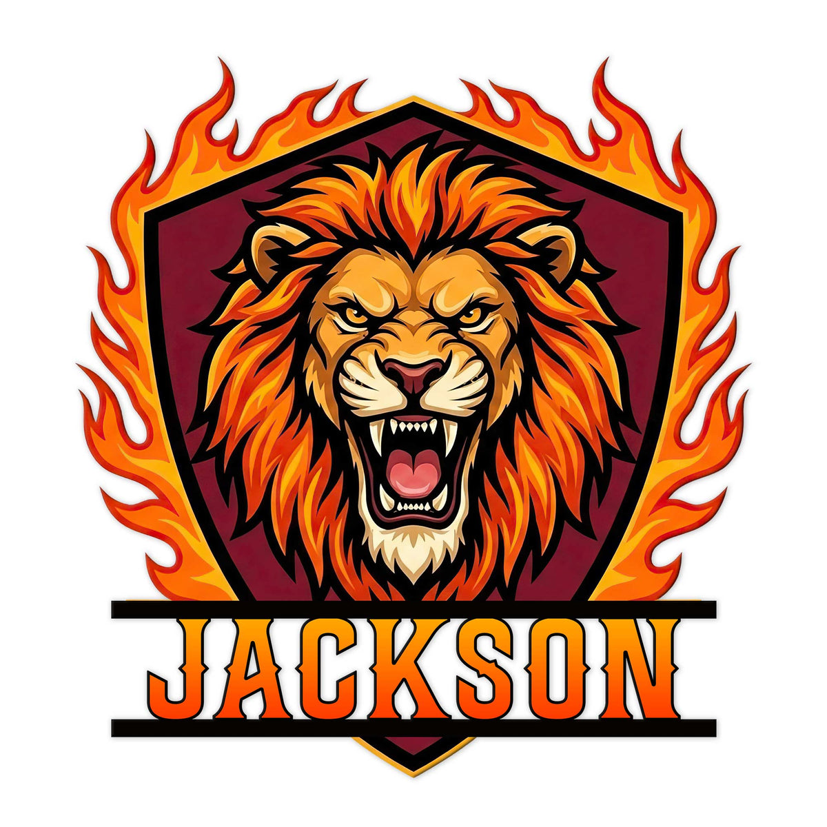Custom lion metal sign featuring a roaring lion framed by vivid orange flames and a dark shield