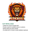 Flaming lion metal sign shown as a cut metal wall accent with a bold, dramatic design