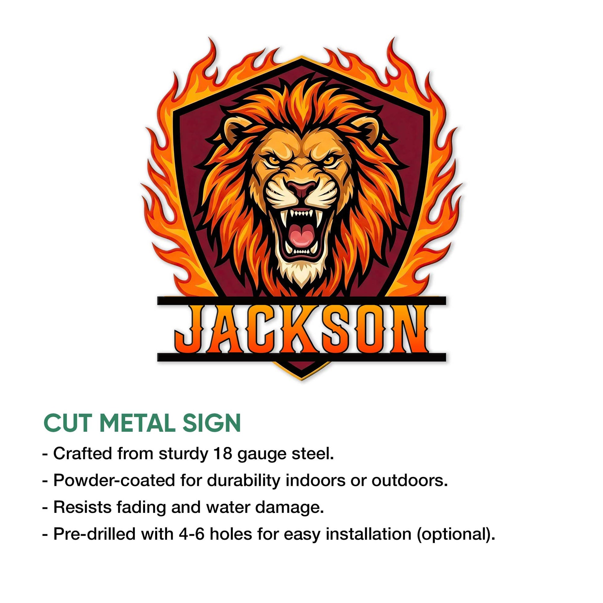 Flaming lion metal sign shown as a cut metal wall accent with a bold, dramatic design