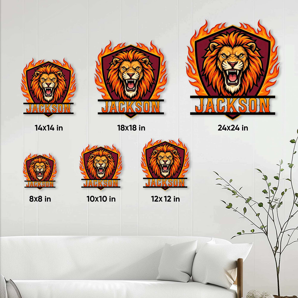 Lion metal sign size guide showing available square dimensions from 8 by 8 to 24 by 24 inches