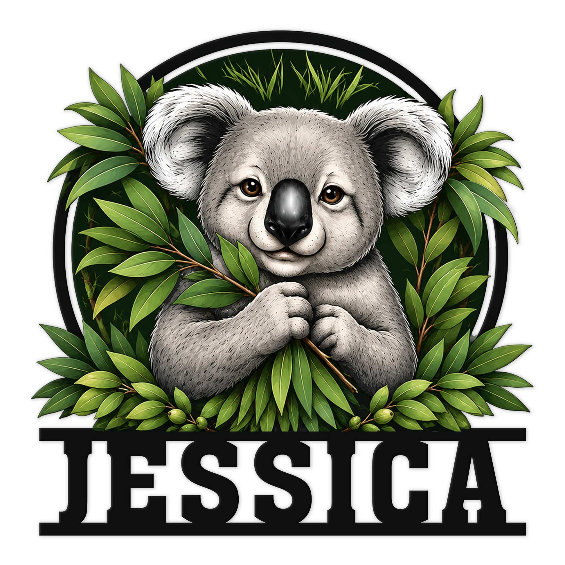 Detailed koala metal sign artwork surrounded by green eucalyptus leaves and a bold black frame