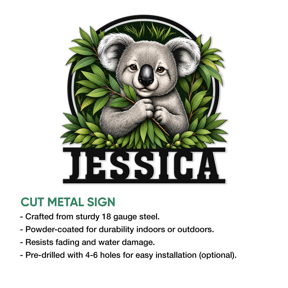 Koala metal sign feature graphic showing the leafy wildlife design and cut-metal sign presentation