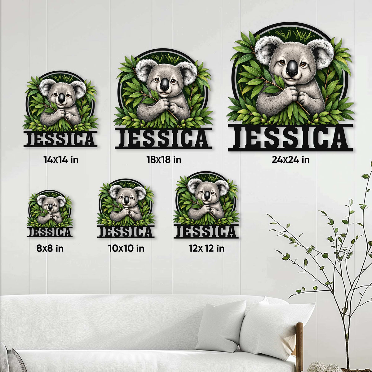Koala metal sign size guide showing available square sizes from 8 by 8 to 24 by 24 inches