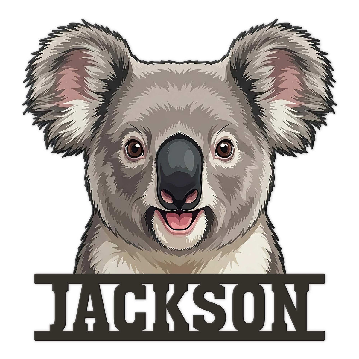 Custom koala metal sign featuring a cheerful close-up koala portrait and bold decorative wall accent