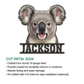 Koala metal sign product graphic showing the cutout wildlife portrait and product presentation details