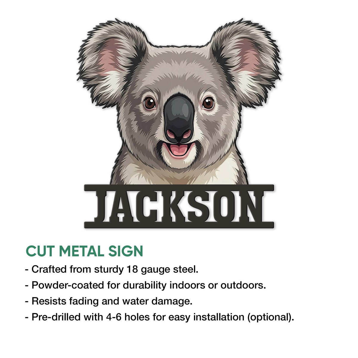 Koala metal sign product graphic showing the cutout wildlife portrait and product presentation details