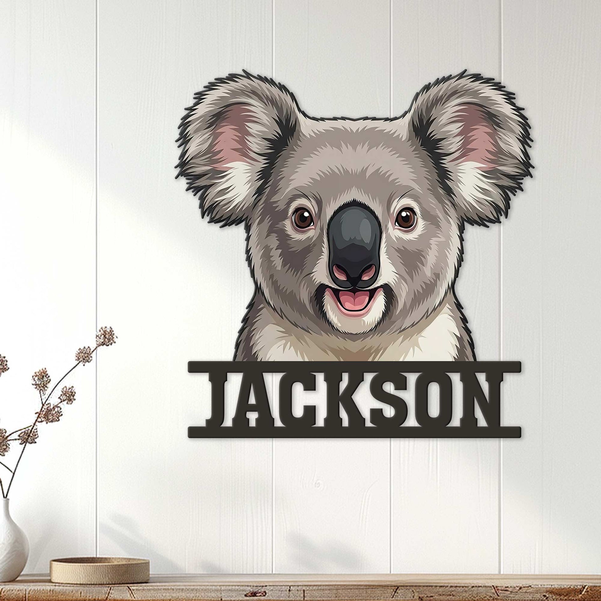Koala wall sign displayed on a light wood-paneled wall above a console for home decor inspiration