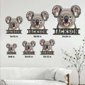 Koala metal sign size guide showing six available square size options in a living room setting