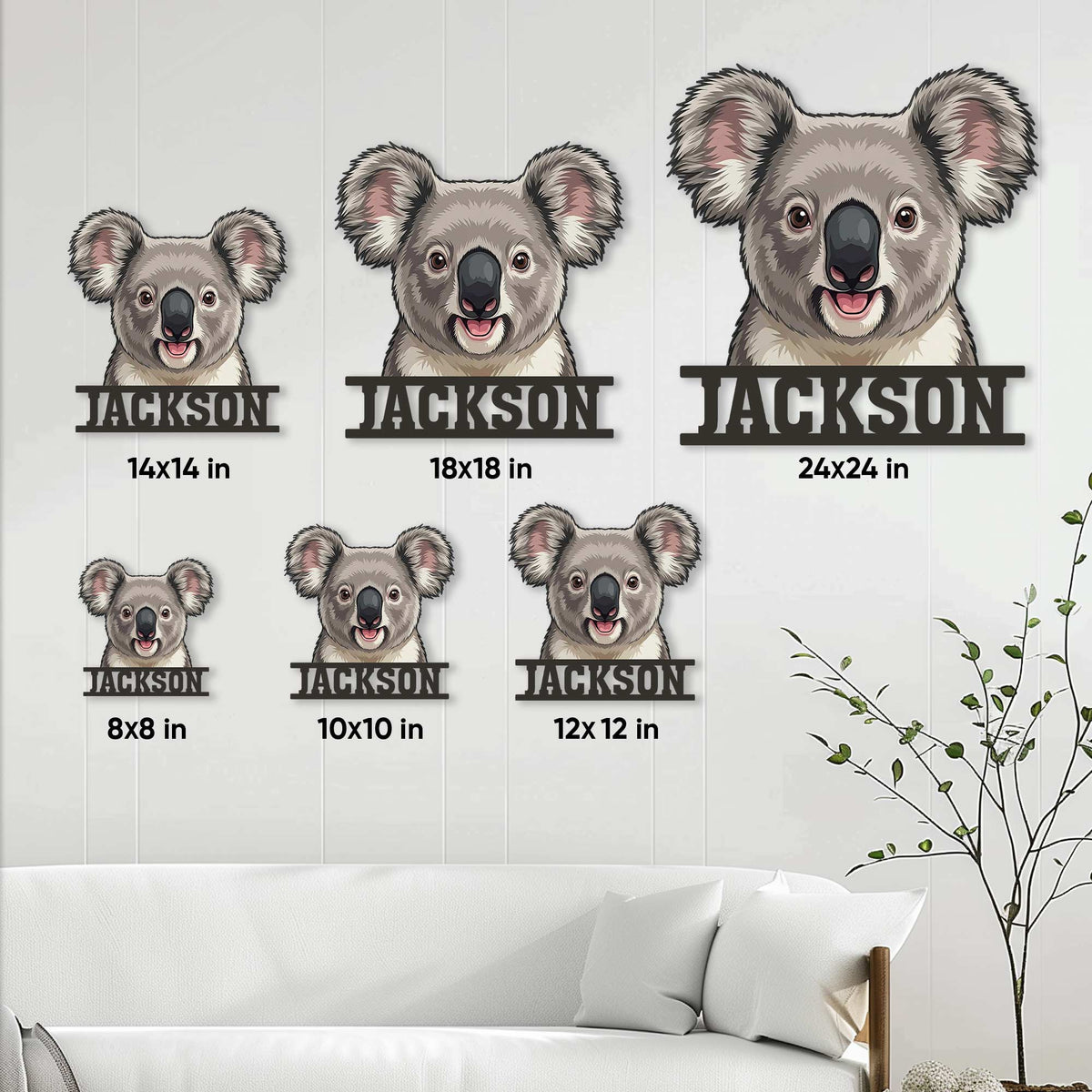 Koala metal sign size guide showing six available square size options in a living room setting