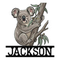 Custom koala metal sign featuring a friendly koala hugging a eucalyptus tree for wall decor