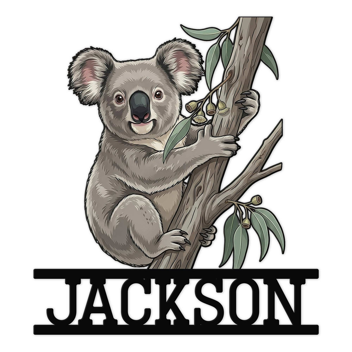 Custom koala metal sign featuring a friendly koala hugging a eucalyptus tree for wall decor