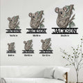 Koala metal sign size guide showing multiple square dimensions in a living room display