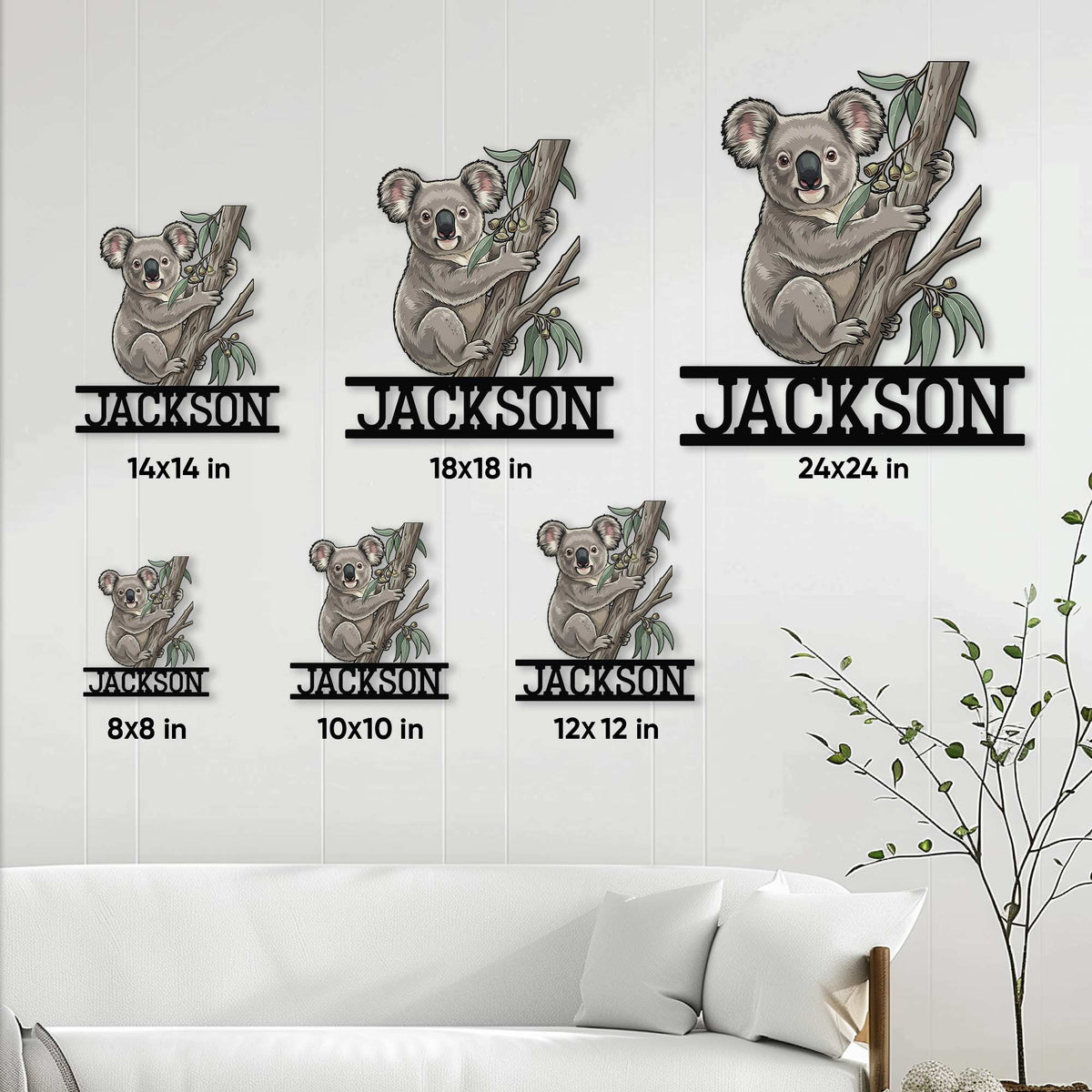 Koala metal sign size guide showing multiple square dimensions in a living room display