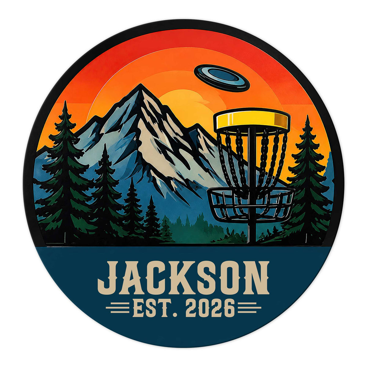 Custom disc golf metal sign featuring a mountain course, evergreen forest, sunset, and flying disc
