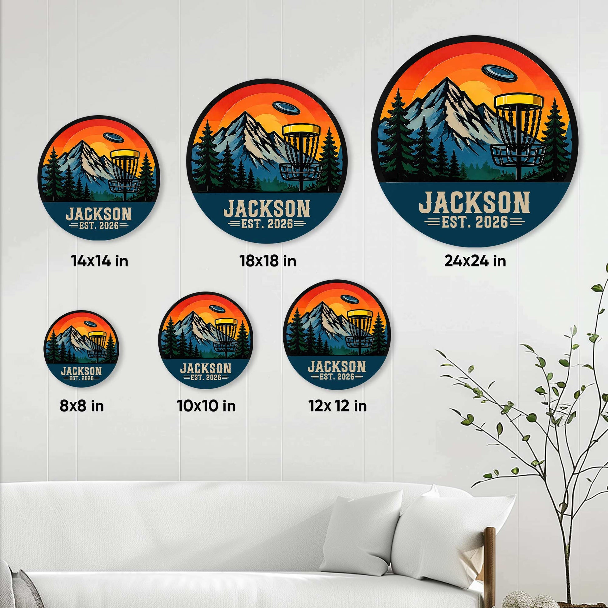 Disc golf metal sign size guide showing round wall signs in six available sizes