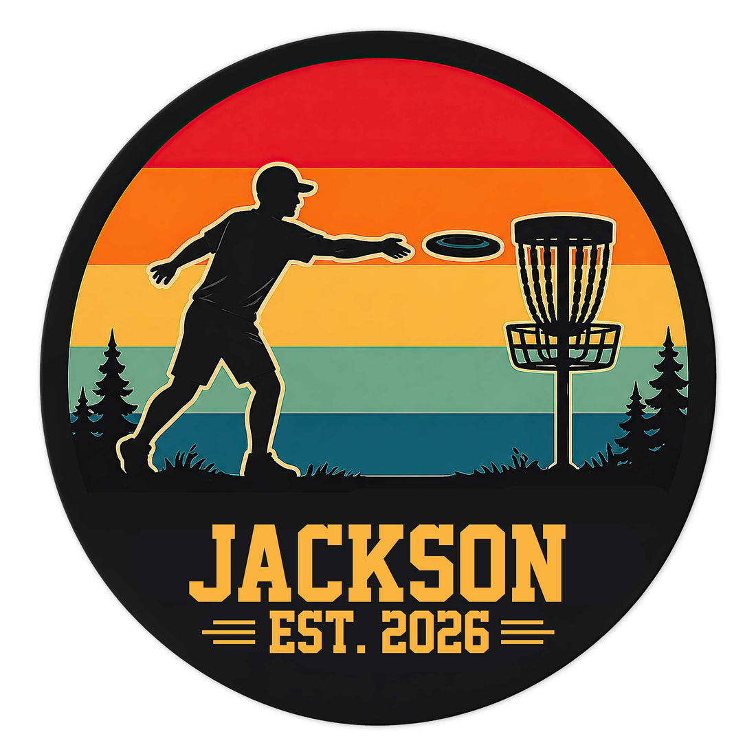 Custom disc golf metal sign with a silhouetted player throwing toward a basket against a colorful sunset