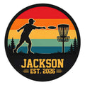 Custom disc golf metal sign with a silhouetted player throwing toward a basket against a colorful sunset