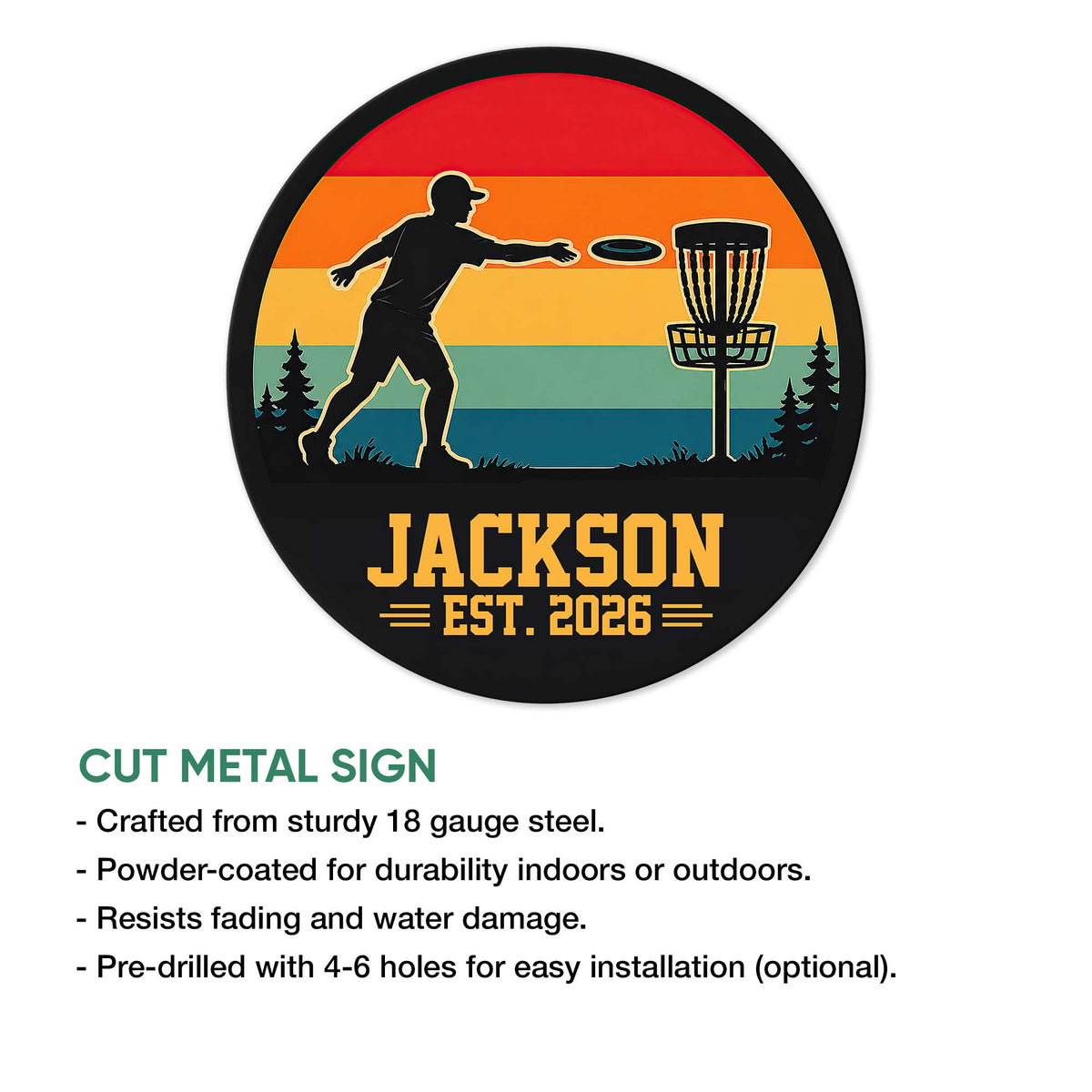Disc golf wall sign featuring a throwing player, flying disc, basket, and cut-metal sign feature guide