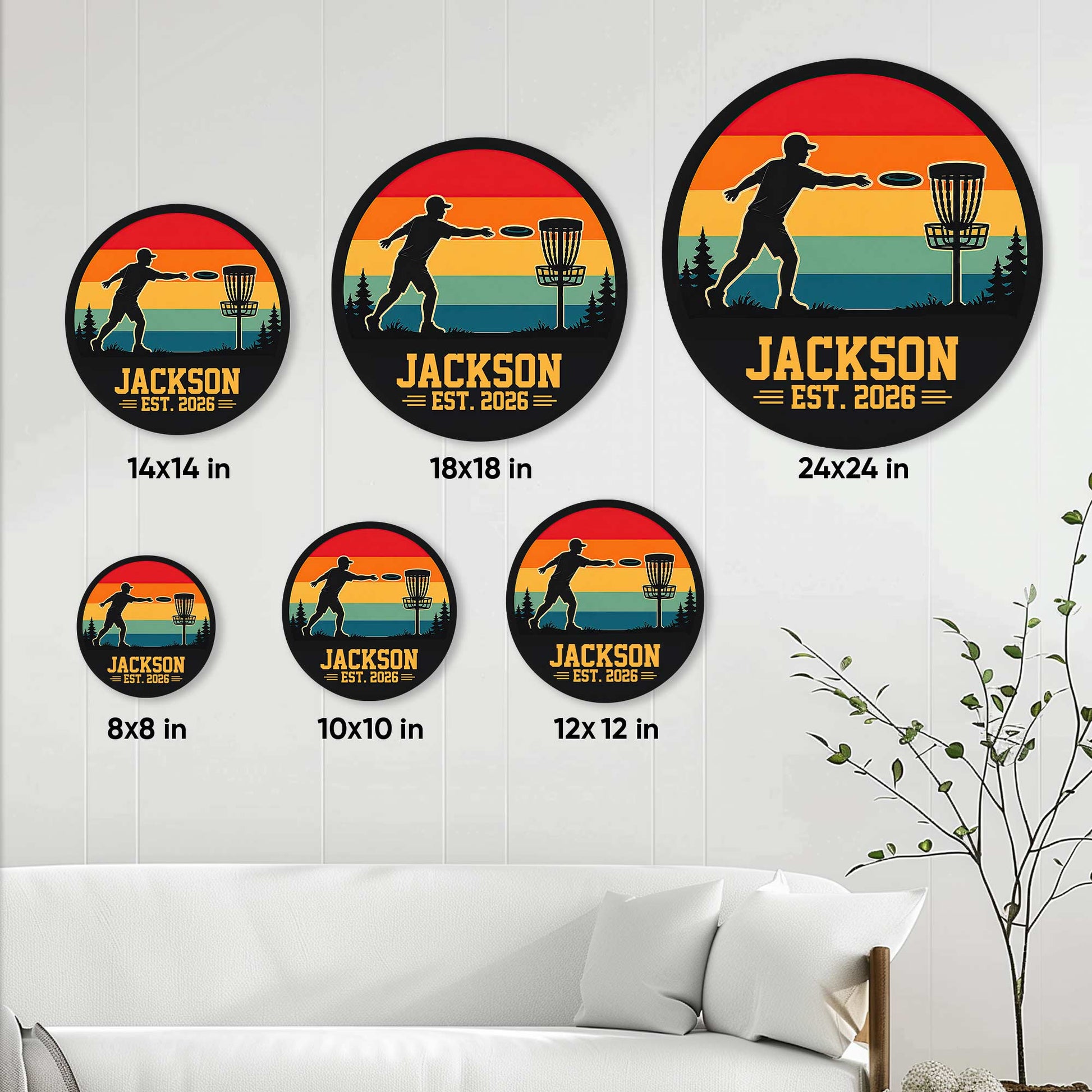 Disc golf metal sign size guide showing round wall signs in six size options from 8 to 24 inches