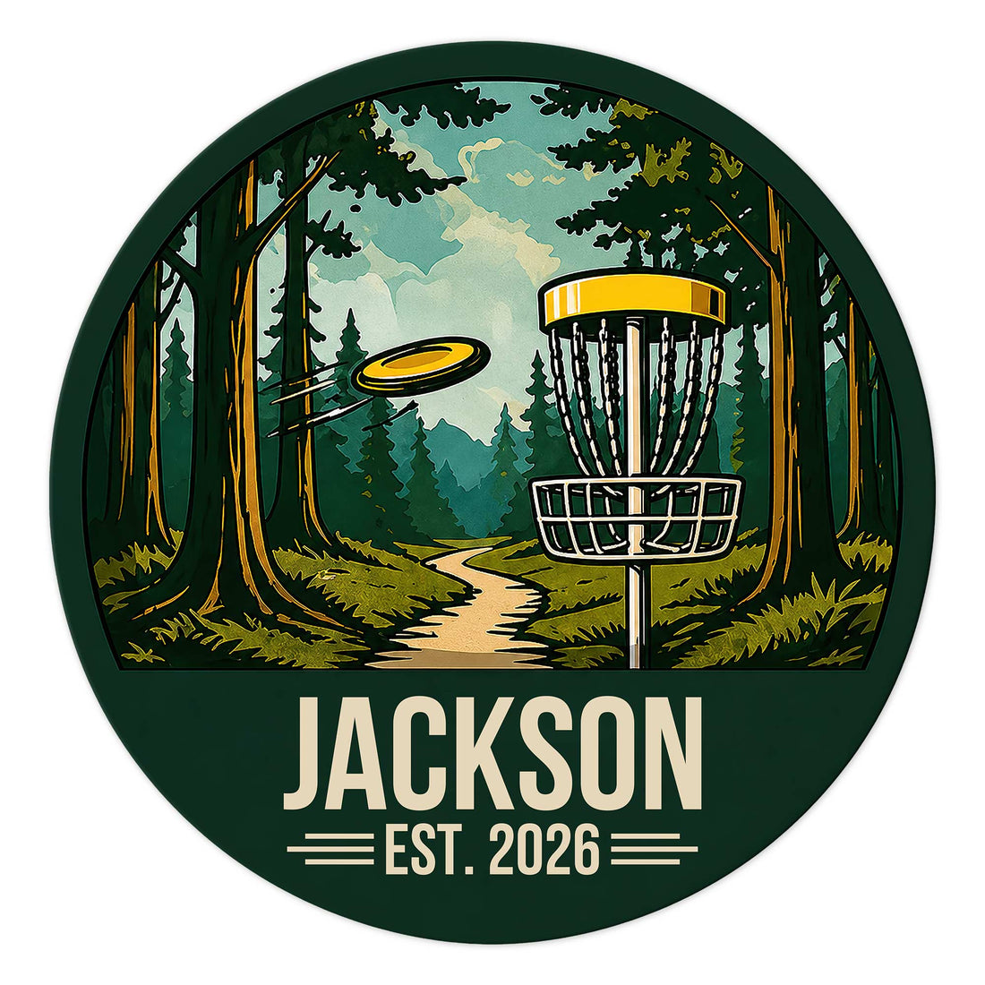 Custom disc golf metal sign featuring a flying disc and basket on a wooded course