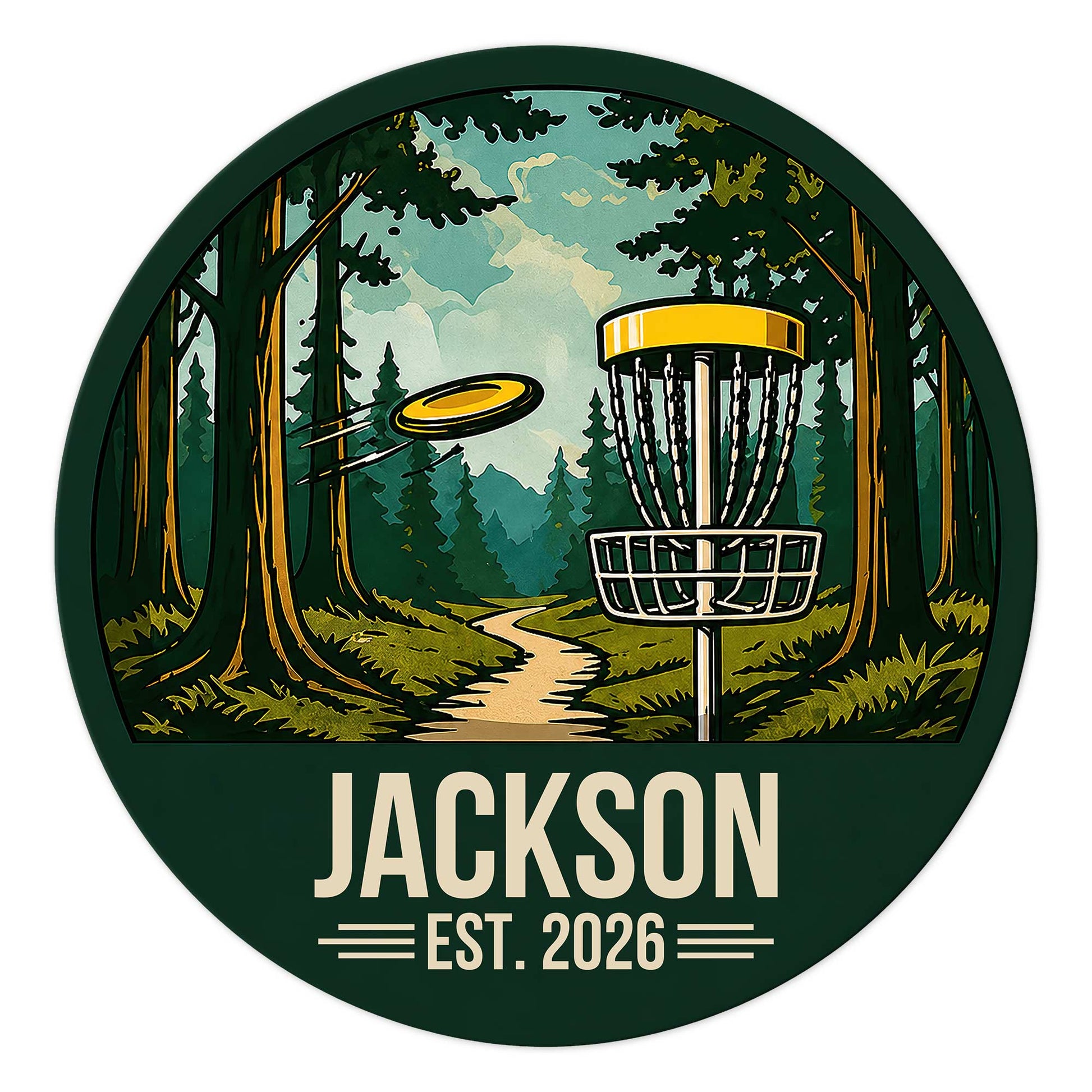 Custom disc golf metal sign featuring a flying disc and basket on a wooded course